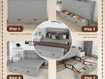 Full Murphy Bed With Storage Drawers, Charging Station, Foldable Panels, And Silent Swivel Wheels