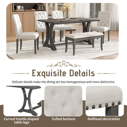 Dining Table Set With 4 Upholstered Chairs And Bench