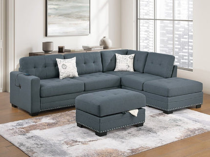 L - Shaped Sectional Sofa Set With Storage Ottoman, Tufted Upholstery Nailhead Trim