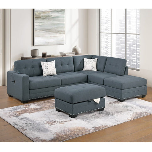 L - Shaped Sectional Sofa Set With Storage Ottoman, Tufted Upholstery Nailhead Trim