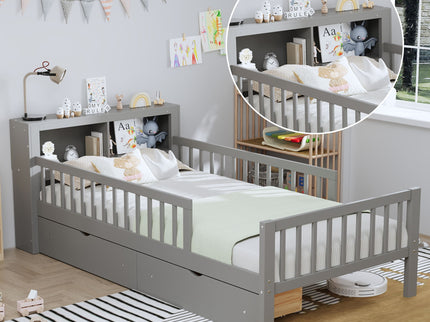 Bed With Headboard Storage Rack, 2 Under Bed Drawers, 3 Side Guardrails For Safety