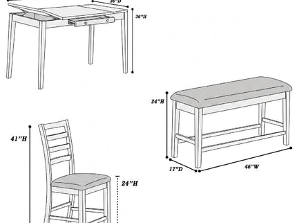 6 Piece Counter Height Dining Set Table With Storage Ladder Back Chairs And Bench - Walnut
