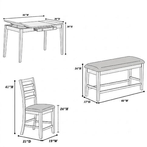 6 Piece Counter Height Dining Set Table With Storage Ladder Back Chairs And Bench - Walnut
