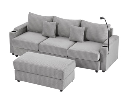 Modern Style Loveseat Sofa Sectional Sofa Couch With Storage Space, A Movable Ottoman, Two USB Ports, Two Cup Holders, A Phone Holder For Living Room