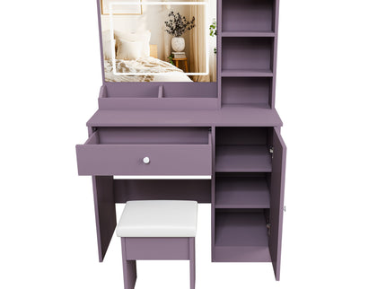 Vanity Desk Set With Padded Stool & Adjustable LED Mirror, 3 Color Mode Lighting, Compact For Bedroom - Purple