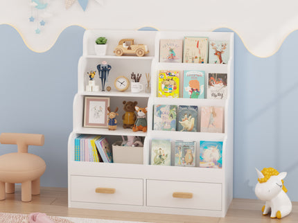 Bookshelf With 2 Storage Drawers, Front Facing Bookcase And Toy Organizer, Multi Tier Reading Shelf - White