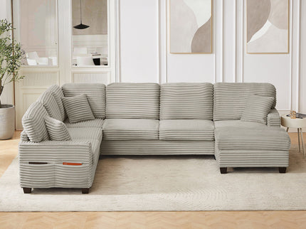Upholstered U-Shaped Sectional Sofa With Movable Ottoman And Side Storage Pockets