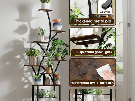 Plant Stand Indoor With Grow Light, 8 Tiered Tall Indoor Plant Shelves For Multiple Plants - Walnut / Black