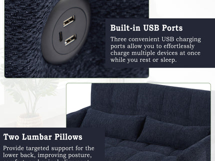Loveseat Sofa Pull-Out Bed With Adjustable Backrest, 3 USB Ports And 2 Lumbar Pillows For Living Room