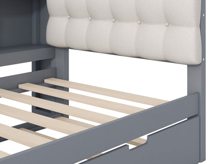 Upholstered Headboard Platform Bed With Storage Shelves, Trundle, Charging Station
