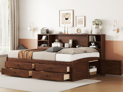 Full Size Captain Bed With Built In Storage Shelves, 4 Drawers And 2 Cabinets - Antique Brown