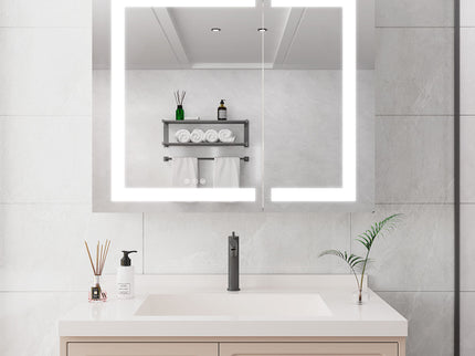 36" X 30" Medicine Cabinet With LED Vanity Mirror, Anti-Fog Recessed Or Surface Mount Bathroom Double Door Large Storage 3000K~6000K Bright Lighted Aluminum Storage Cabinet With Touch Switch - Silver