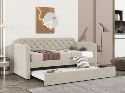 Upholstered Daybed With Trundle And USB Charging Design