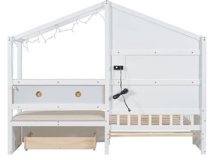 House Bed With Upholstered Sofa, Wireless Charging Station, Shelves And 2 Drawers