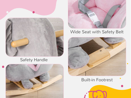 Qaba - Baby Rocking Horse Elephant Rocking Chair Toddler Rocker Toy With Sound Wooden Base Seat Safety Belt For 1.5-3 Year Old - Gray