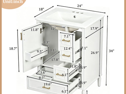 Modern Bathroom Vanity With Sink, Soft Close Doors, 3 Drawers