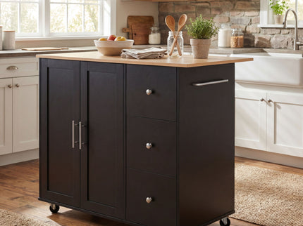 Mobile Kitchen Cart With Storage With 2 Doors, 3 Drawers & Adjustable Shelf - Black / Natural