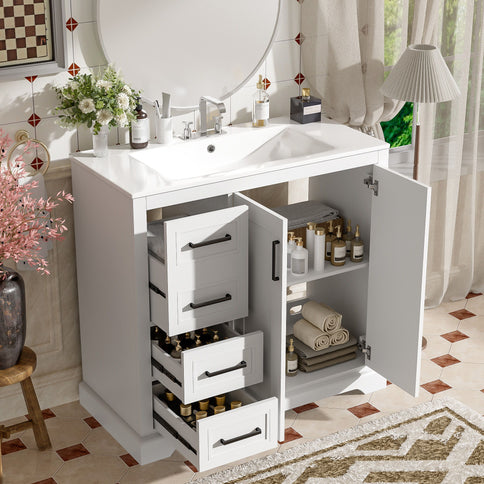 Bathroom Vanity With Sink, Soft Close Doors, Adjustable Shelf & 3 Drawers
