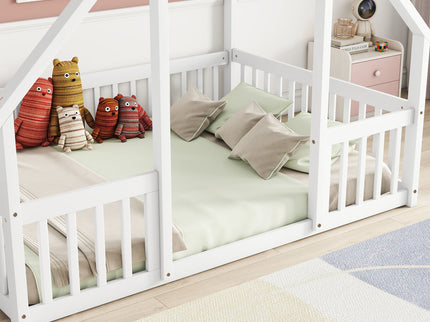 Wood House-Shaped Floor Bed With Fence, Guardrails