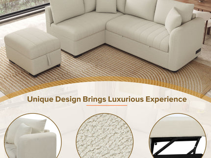 L-Shaped Sectional Pull Out Sofa Bed Sleeper Sofa With Two USB Ports, Two Power Sockets And A Movable Storage Ottoman