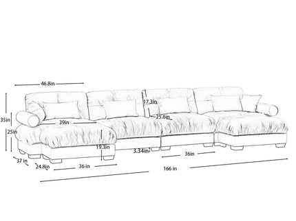 Modern Sectional Sofa With Ottoman, Round Bolster Armrests, Waist And Throw Pillows