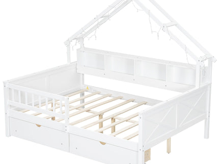 House Style Platform Bed With LED Lights, Storage Shelves, Drawers, And Guardrail