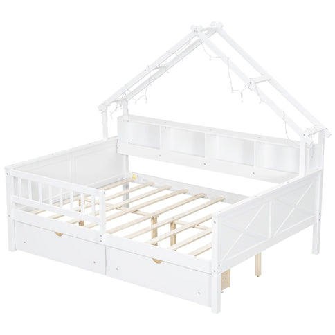 House Style Platform Bed With LED Lights, Storage Shelves, Drawers, And Guardrail