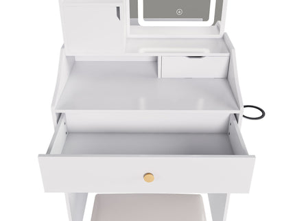 3 Color LED Vanity Mirror With Stool, 2 Drawers & 5 Storage Cabinets, Adjustable Lighting - White