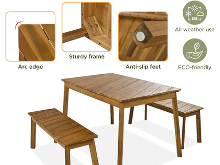 3 Pieces Acacia Wood Table Bench Dining Set For Outdoor & Indoor Furniture With 2 Benches, Picnic Beer Table For Patio, Porch, Garden, Poolside - Natural