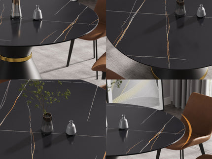 59.05" Modern Artificial Stone Round Black Carbon Steel Base Dining Table, Can Accommodate 6 People - Black