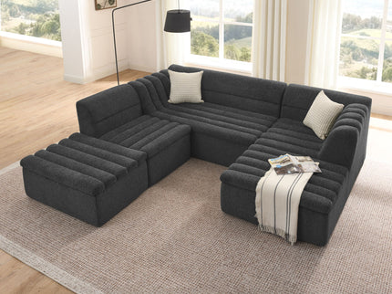 U-Shaped Modular Sectional Sofa With Chaise And Movable Ottoman With Wave-Shaped Armrest