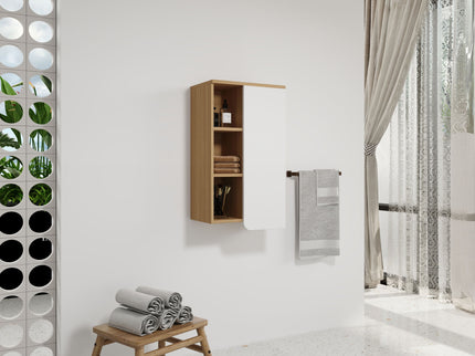 Wall Mounted Bathroom Side Cabinet, Single Door With 3 Tier Open Shelves - Black / Light Oak / White