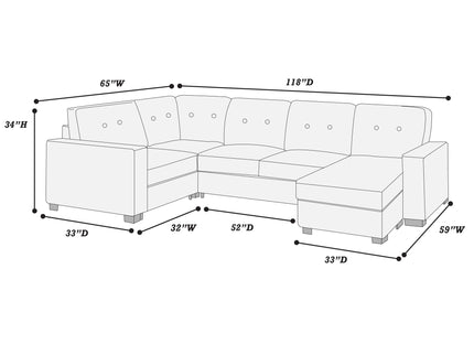Reversible Chaise U - Sectional Couch, Living Room 3 Piece Set