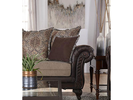 Brookridge - Rolled Arm Sofa With Ornate Details And Mixed Upholstery - Brown