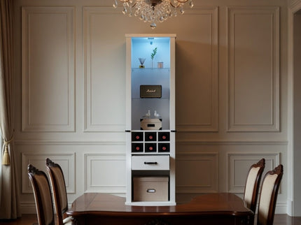 Pantry Cabinet With LED Lights, Wine Rack, Tempered Glass Shelves, And Barn Door Design - White