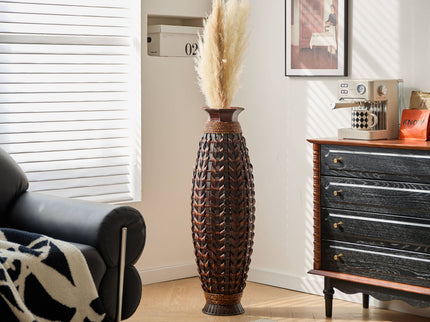 Hand Woven Bamboo Floor Vase, Decorative Accent For Living Room - Acacia Wood