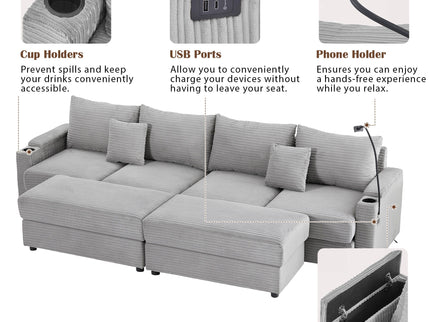 Modern Style Loveseat Sofa Sectional Sofa Couch With Storage Space, A Movable Ottoman, Two USB Ports, Two Cup Holders, A Phone Holder For Living Room