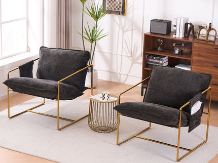 Upholstered Hanging Armchair With Arm Pocketsmetal Frame (Set of 2), Plated Craftsmanship, Crushed Foam Cushions And Skin-Friendly Woven Fabric For Living Room And Bedroom