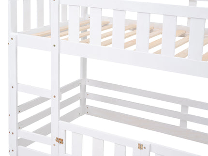 Twin Over Twin House Bunk Bed With Fence And Door