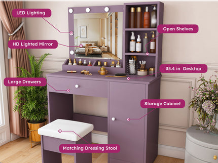 Vanity Desk Set With Padded Stool And Adjustable LED Mirror, 3 Color Light Modes - Purple