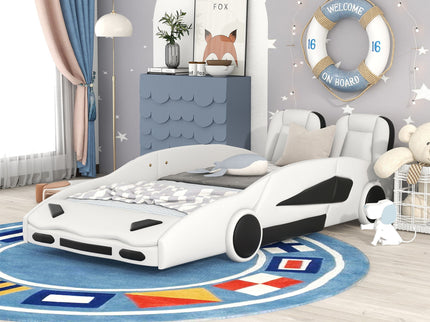 Race Car Shaped Twin Platform Bed With Wheels, Pine Wood Construction
