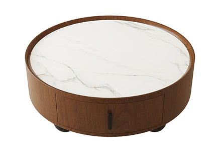 Round Coffee Table With Ball Feet, Pull Handle Storage Drawer - Bouguer Walnut / Brown