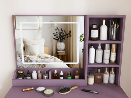 Vanity Desk Set With Padded Stool & Adjustable LED Mirror, 3 Color Mode Lighting, Compact For Bedroom - Purple