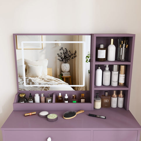 Vanity Desk Set With Padded Stool & Adjustable LED Mirror, 3 Color Mode Lighting, Compact For Bedroom - Purple