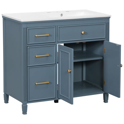 Modern Bathroom Vanity With Ceramic Sink, Freestanding, One Tip Out Drawer, 3 Side Drawers, Adjustable Shelf