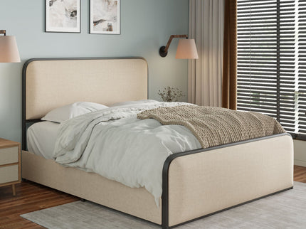 Modern Bed With Curved Upholstered Headboard And Footboard, Heavy Duty Metal Slats