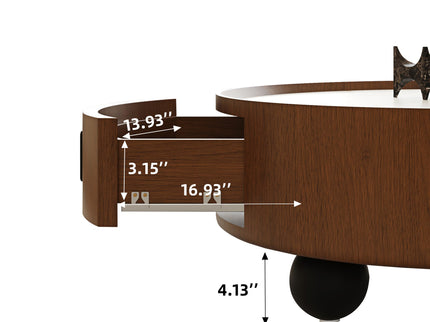Round Coffee Table With Ball Feet, Pull Handle Storage Drawer - Bouguer Walnut / Brown