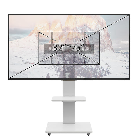 Mobile TV Stand With Shelf Floor Mount Cart For TVs With Lockable Wheels Ideal For Living Room Bedroom Or Office - White