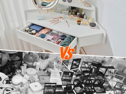 Modern Corner Makeup Vanity Desk With Large Storage, LED Mirror & Stool, Adjustable Brightness, Space Saving - White