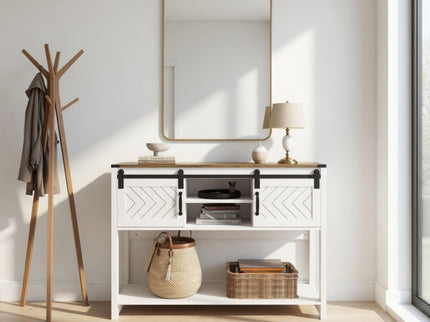 Entryway Table With Sliding Barn Door Storage - White / Oak
